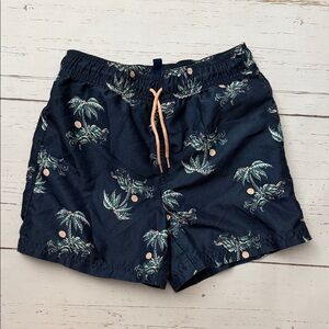 Janie and Jack Navy Swim Trunks with Green Palm Print and Tan Drawstring